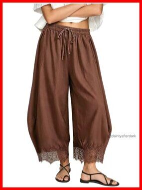 Lace Trim Wide Leg Palazzo Pants Cropped Balloon Hem Drawstring Pockets
